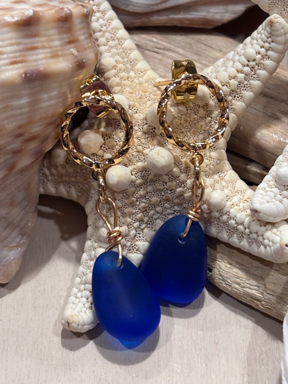 Gold Twist Circle Drop Earrings with Royal Blue Sea Glass Pendant